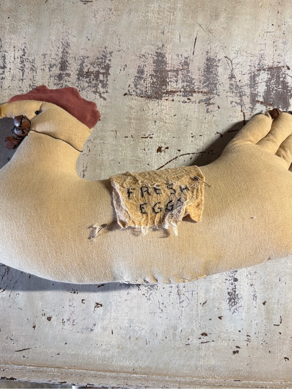 Handcrafted Farmhouse Chicken Accent Pillow in Cream and Rust - Fresh Eggs Tag